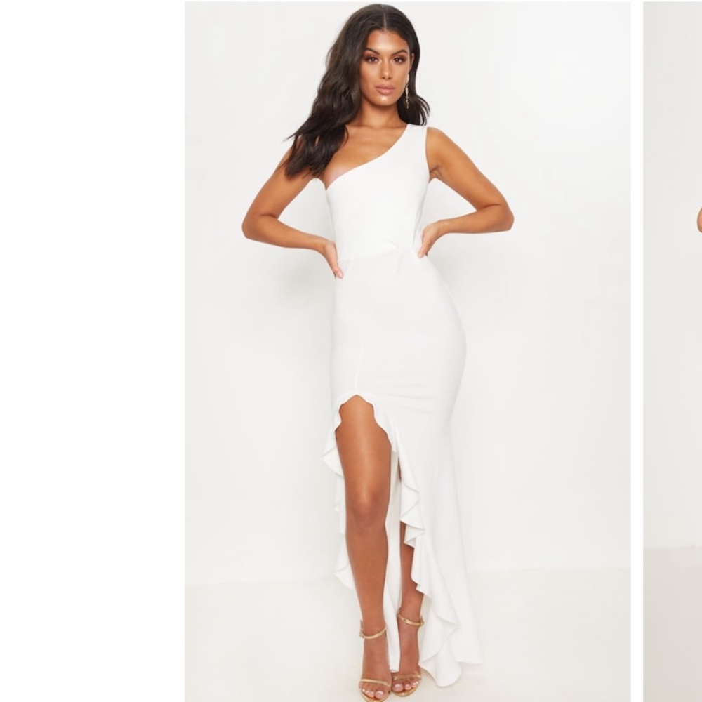 White One Shoulder Ruffle Hem Maxi Dress